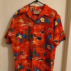 Vintage 1970s KP Hawaiian Polyester Shirt Medium Floral Fish Hawaiian